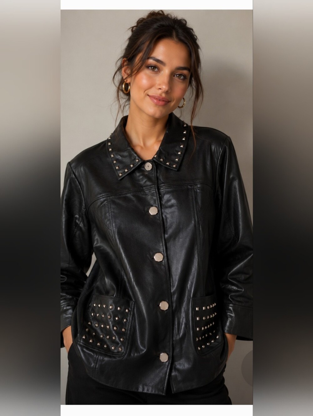 New 4X Dennis Basso Black Stud-Trim Faux Leather Moto Jacket